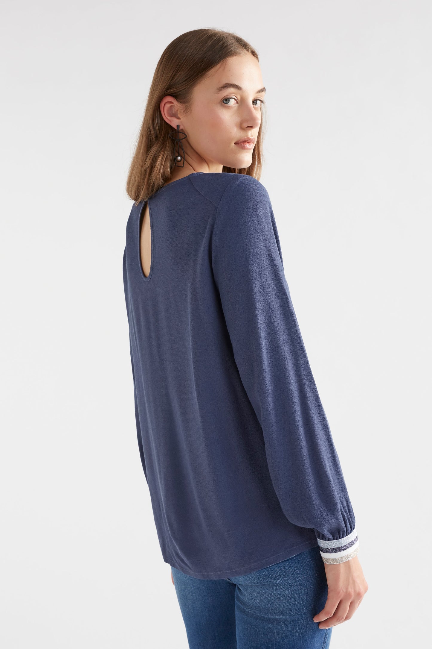 Odin Round Neck Long Sleeve Top with Lurex Elastic Cuff Model Back | SLATE BLUE