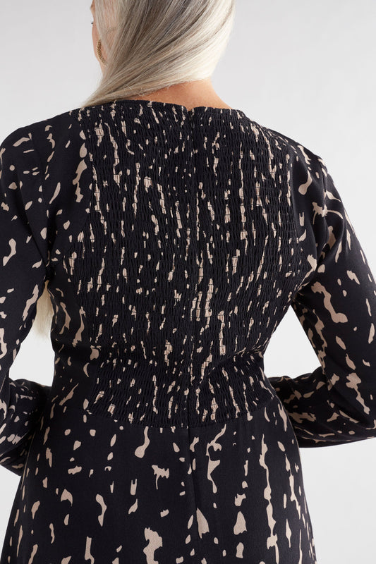 Solina Long Sleeve Midi Print Dress with Shirring Detail Model Back Detail | GIOTTO PRINT