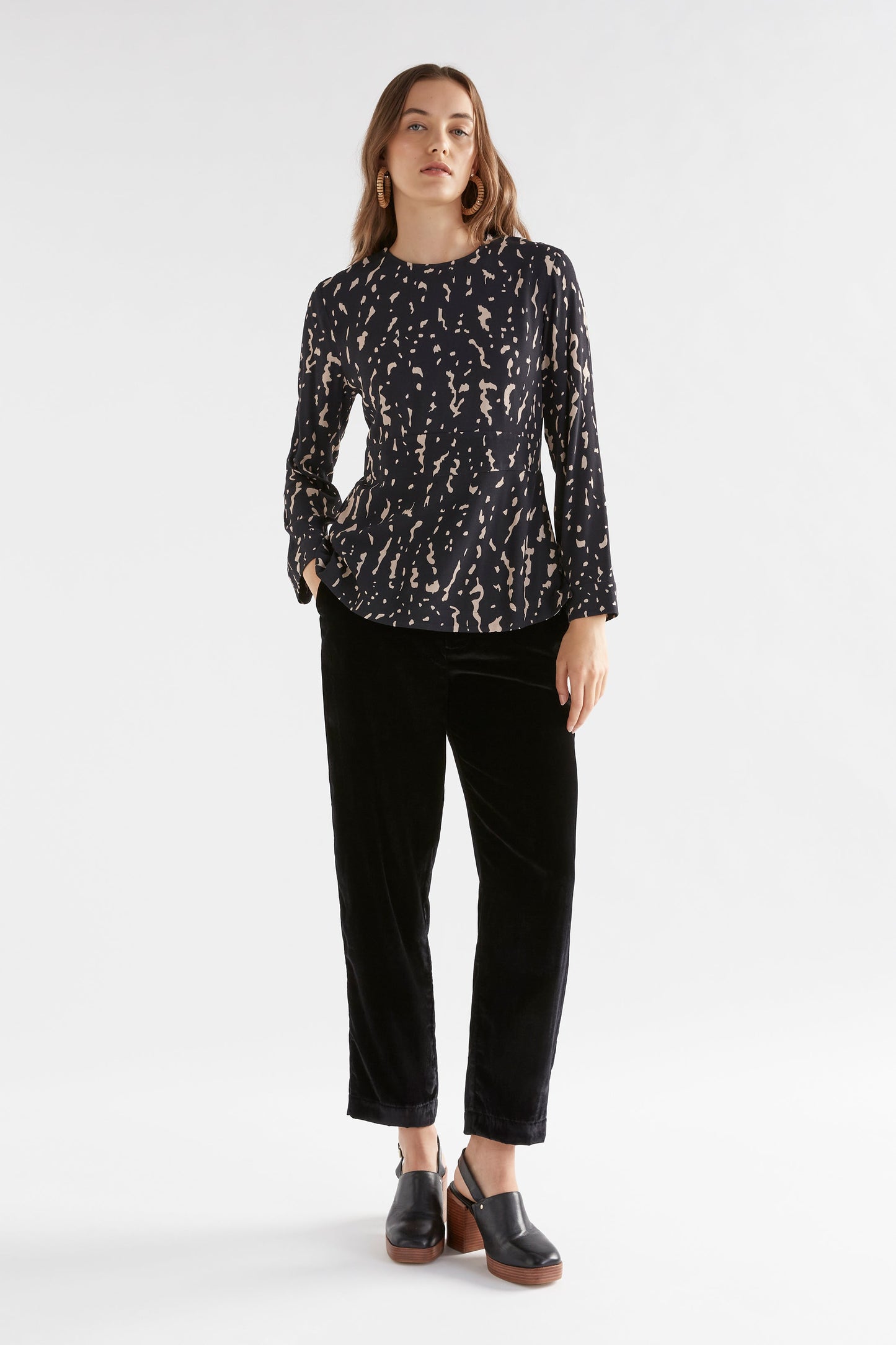 Solina Long Sleeve Waisted Crew Neck Top with Shirring Detail Model Front Full body | GIOTTO PRINT