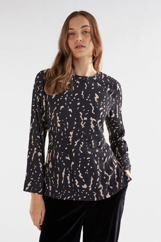 Solina Long Sleeve Waisted Crew Neck Top with Shirring Detail Model Front | GIOTTO PRINT