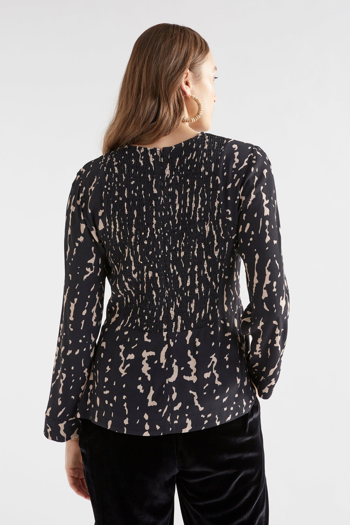 Solina Long Sleeve Waisted Crew Neck Top with Shirring Detail Model Back | GIOTTO PRINT