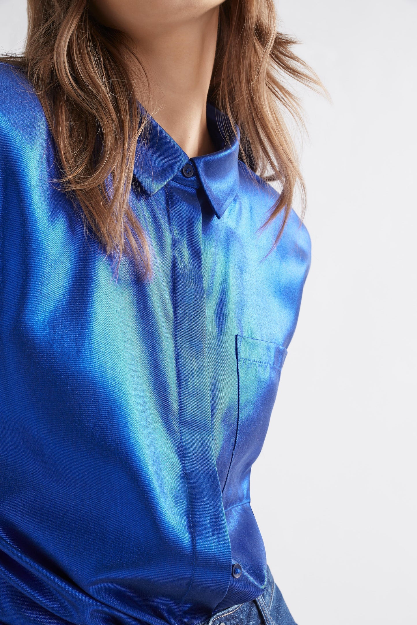 Luche Dropped Shoulder Metallic Blue Shirt Model Front  Detail | BLUE METALLIC
