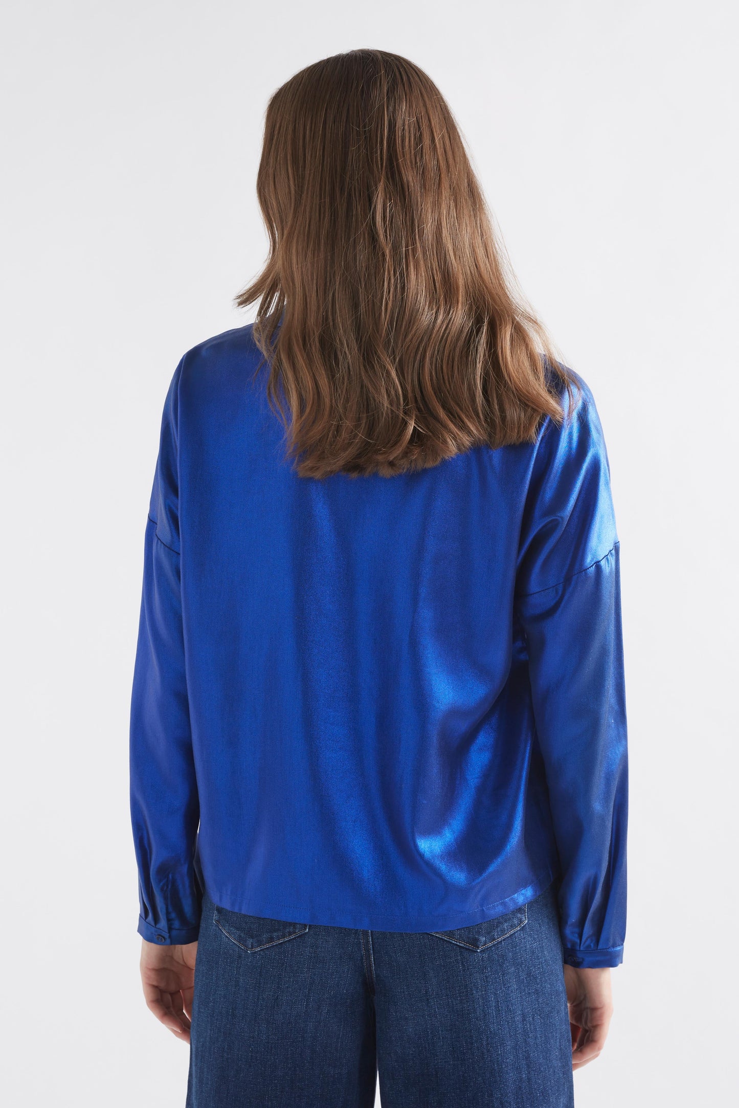 Luche Dropped Shoulder Metallic Blue Shirt Model Back | BLUE METALLIC