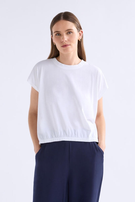 Kruis Organic Cotton Jersey Cropped Elastic Hem Semi Cropped Tee Model Front | WHITE