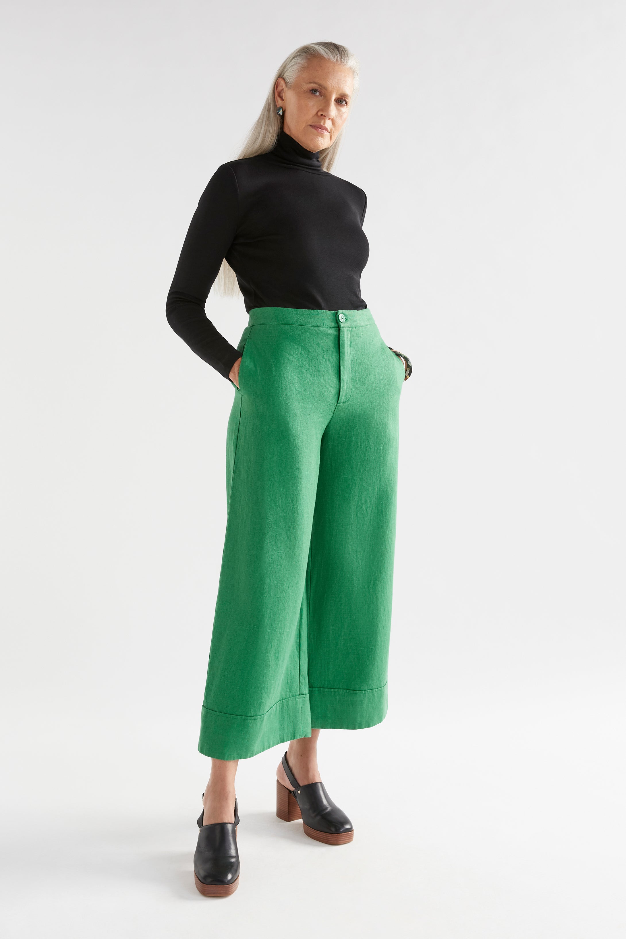 Anneli Linen Pant Model Front Full Body | IVY GREEN