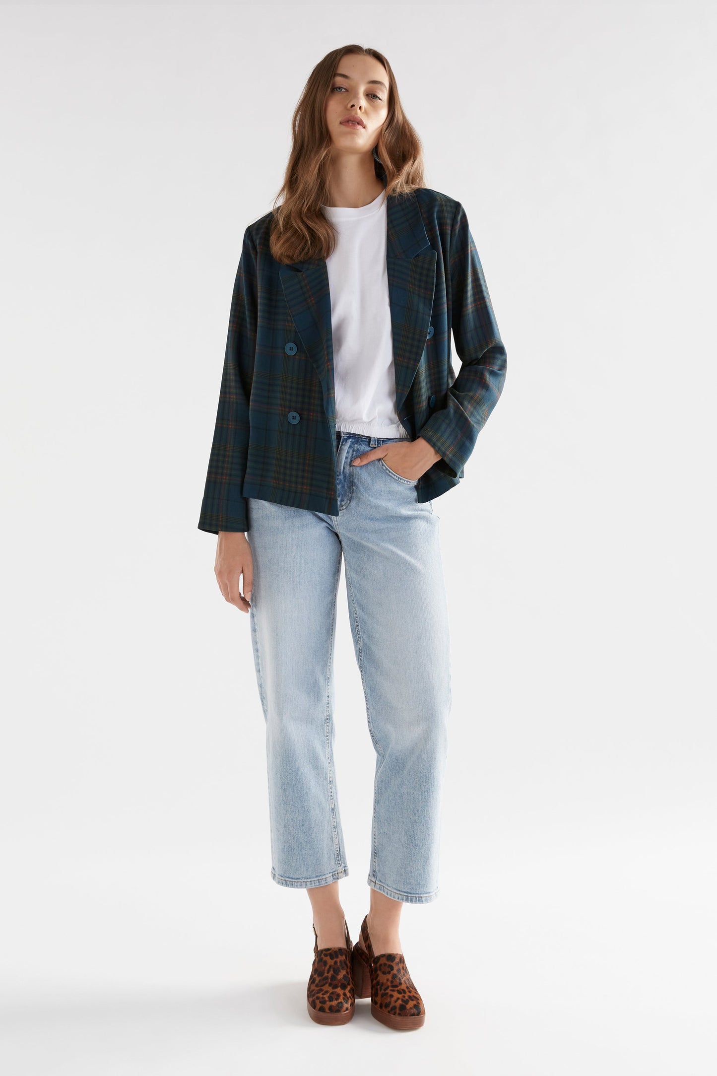 Seine Double Breasted Cropped Plaid Jacket Model Front Full Body | TEAL PLAID