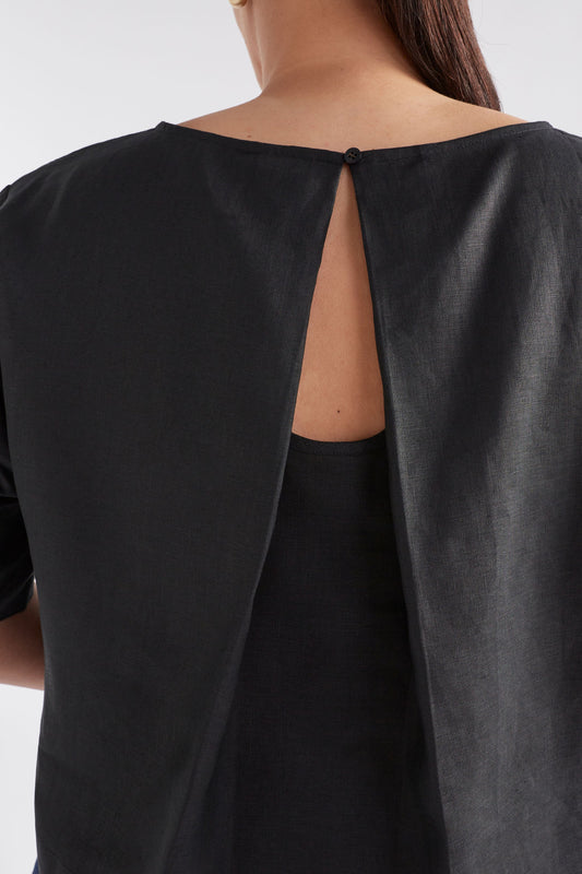 Honnor Linen Cropped Pleat Back Feature Top Back Detail | BLACK