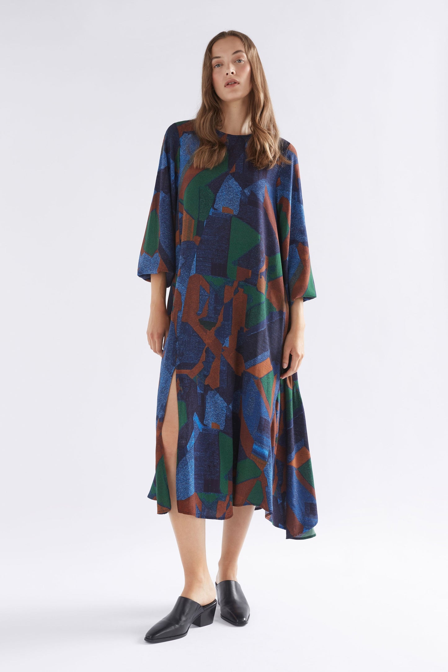 Dega 3/4 Sleeve Asymmetric Hem Print Midi Dress Model Front | ORDA PRINT