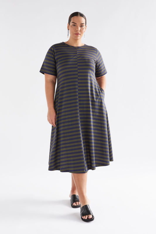 Dega Organic Cotton Stripe Jersey T-shirt Dress Model Front Curve | NAVY OLIVE