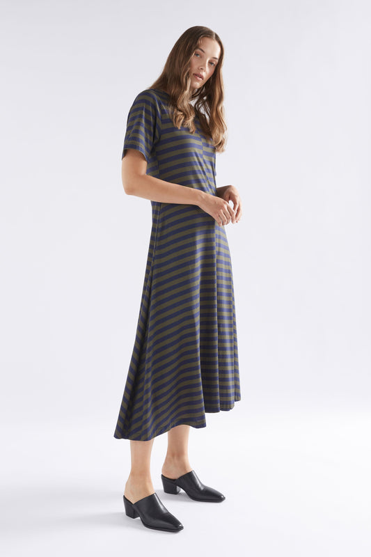 Dega Organic Cotton Stripe Jersey T-shirt Dress Model Side | NAVY OLIVE