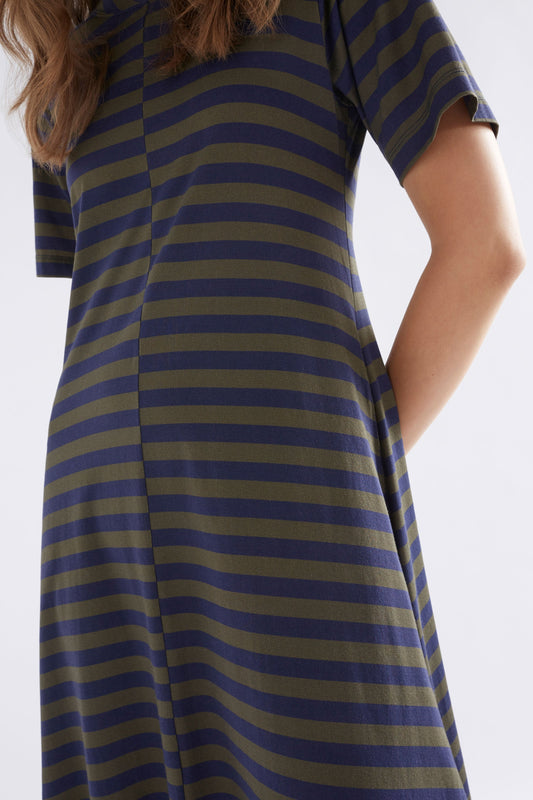 Dega Organic Cotton Stripe Jersey T-shirt Dress Model Front detail | NAVY OLIVE