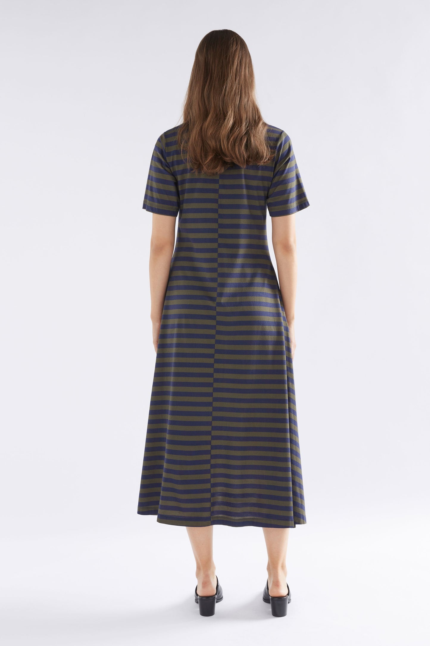 Dega Organic Cotton Stripe Jersey T-shirt Dress Model Back | NAVY OLIVE