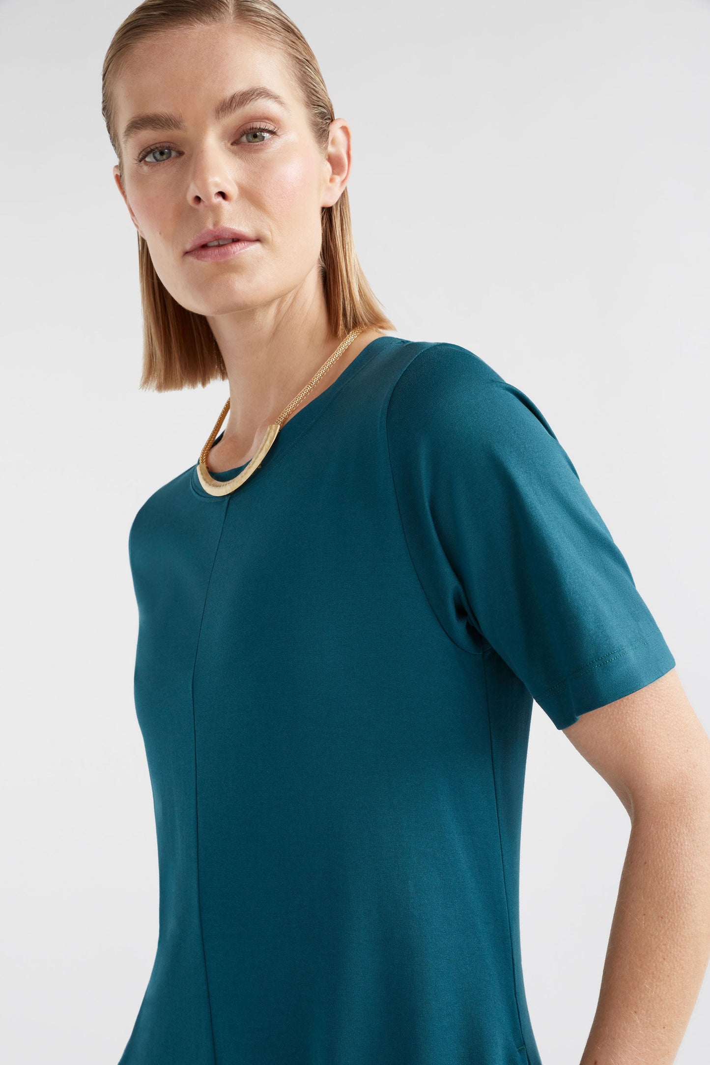 Dega Organic Cotton Jersey T-shirt Dress Model Front detail | REED GREEN