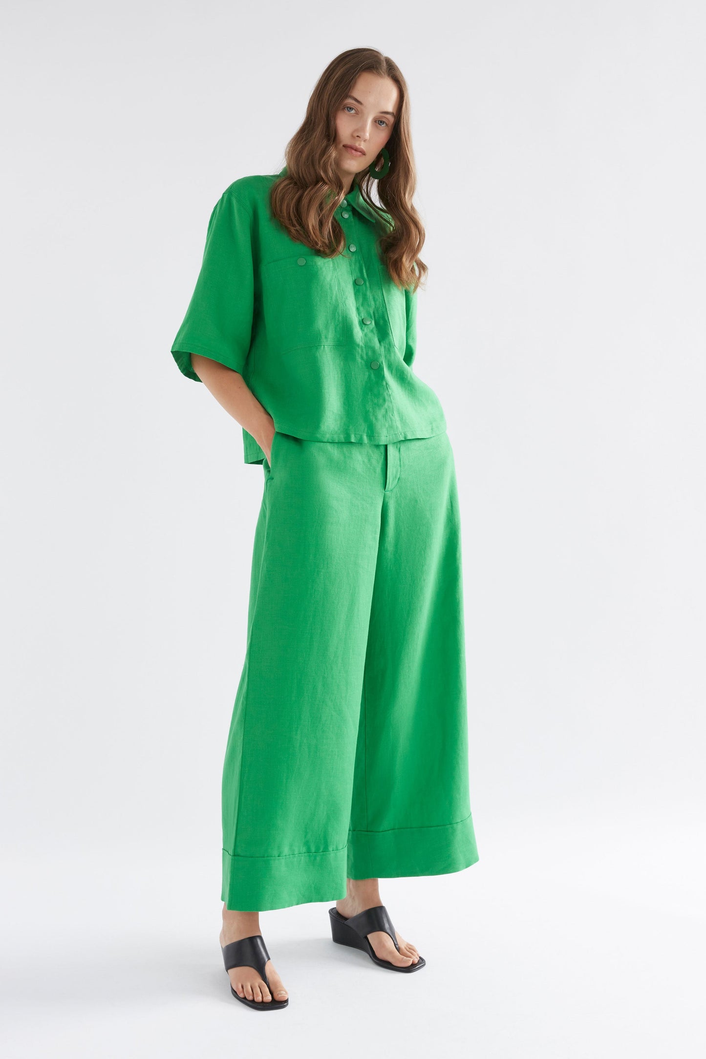 Anneli Light Wide Leg Linen Pant Model Angled Front | VINE GREEN