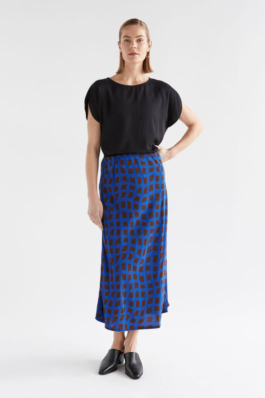 Iden Midi Elastic Waist Bias Cut Print Skirt Model Front | BLUE WAVE PRINT