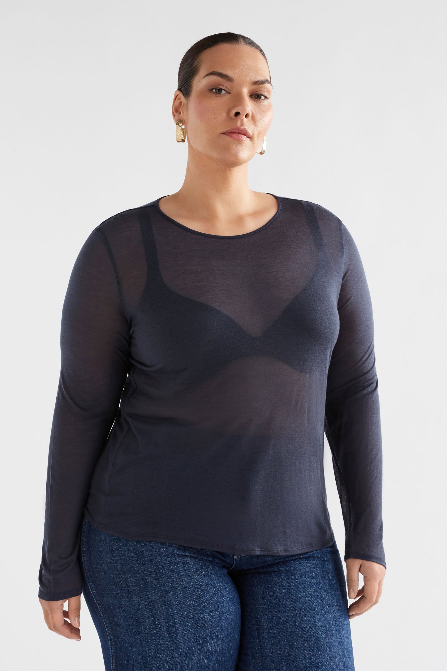 Sheer Long Sleeve Tencel Jersey Top Model Front Curve | SPACE BLUE