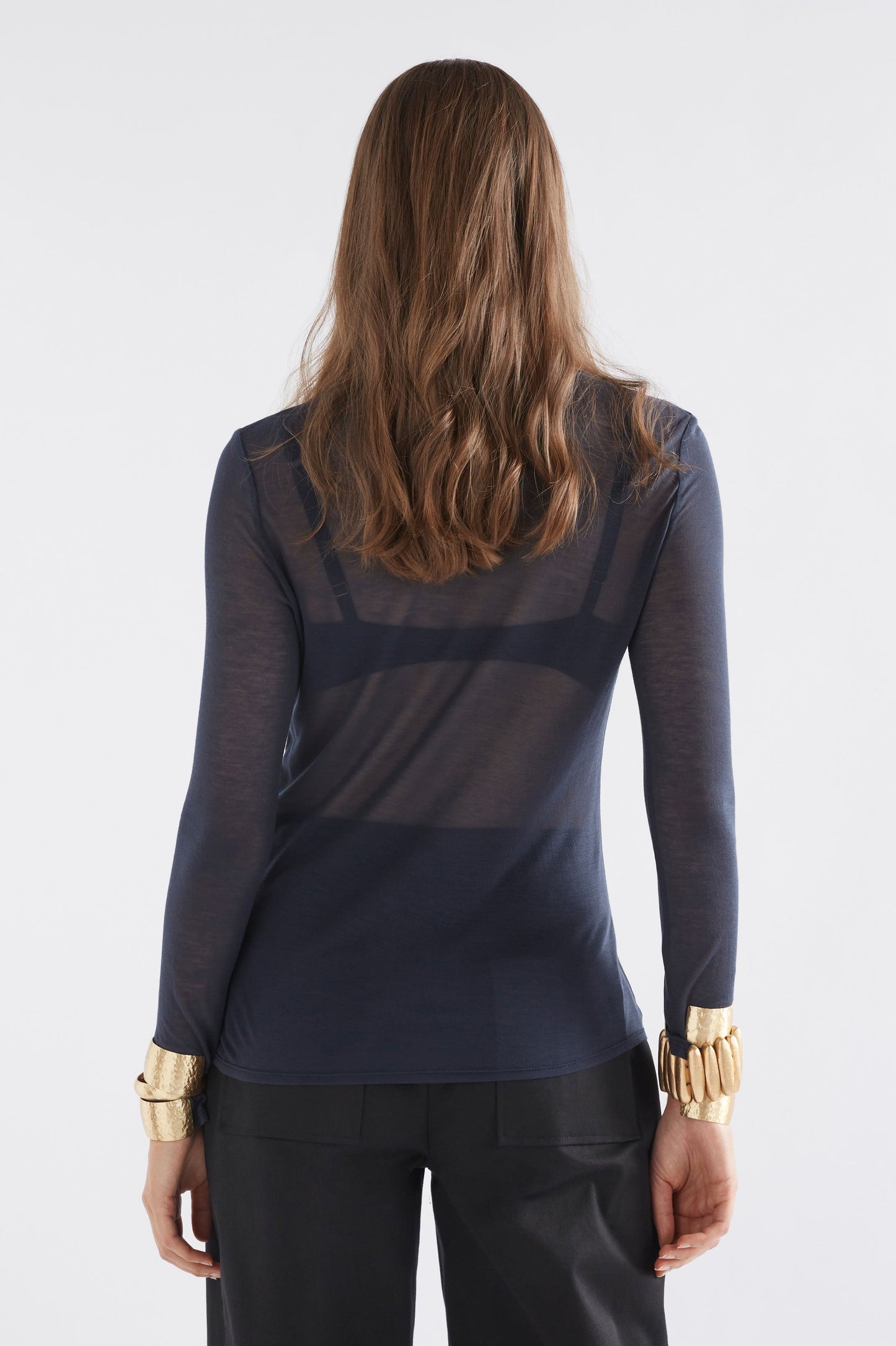 Sheer Long Sleeve Tencel Jersey Top Model Back | SPACE BLUE