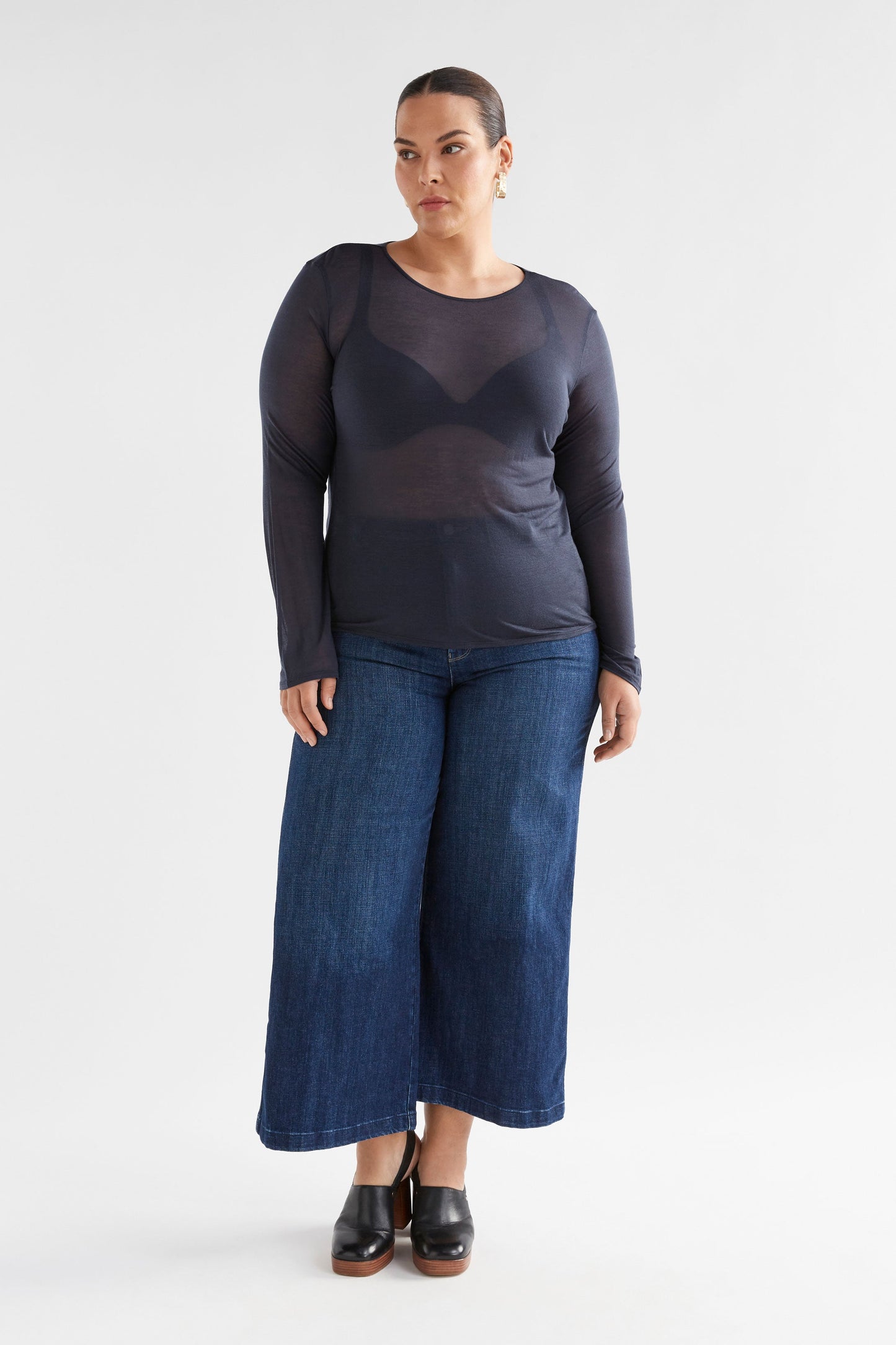 Sheer Long Sleeve Tencel Jersey Top Model Full Body Curve | SPACE BLUE