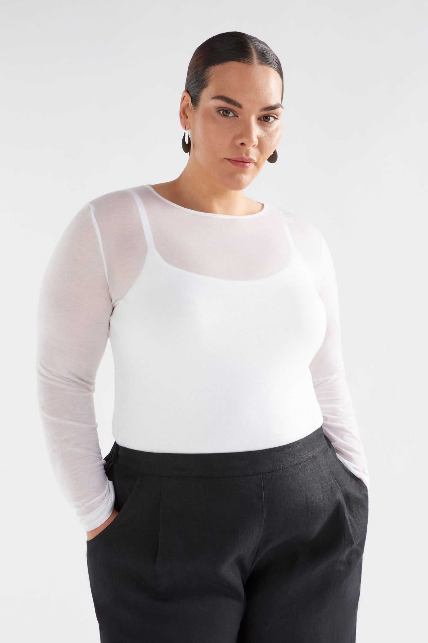 Sheer Long Sleeve Tencel Jersey Top  Model Front Curve | WHITE