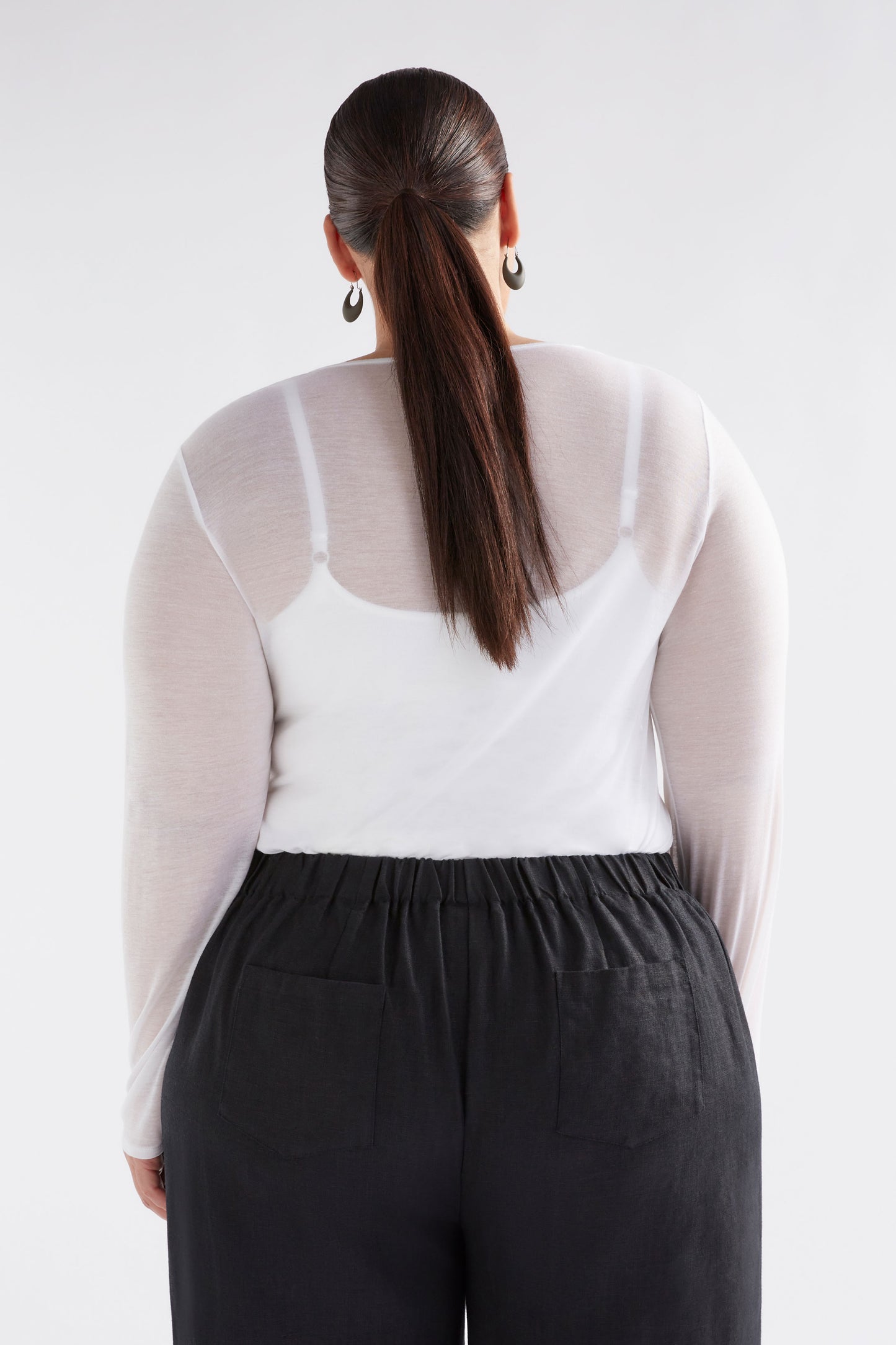 Sheer Long Sleeve Tencel Jersey Top  Model Back Curve | WHITE