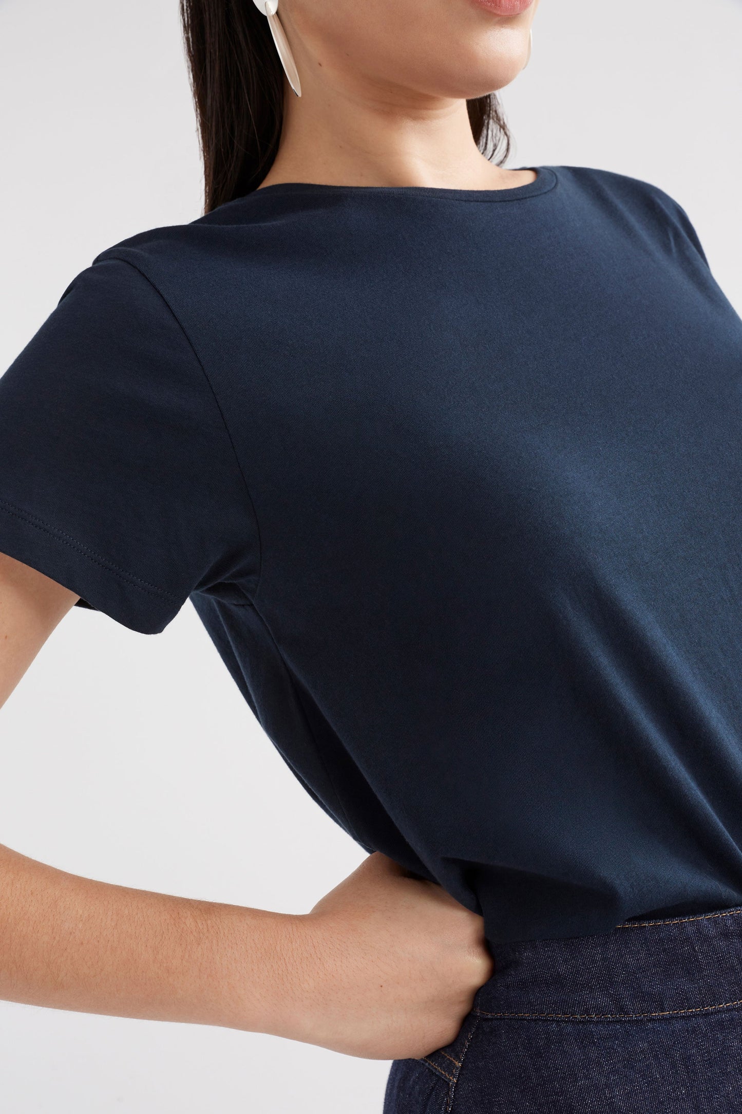 Organic Cotton A-line Jersey Tee Model Front Detail | SPACE BLUE