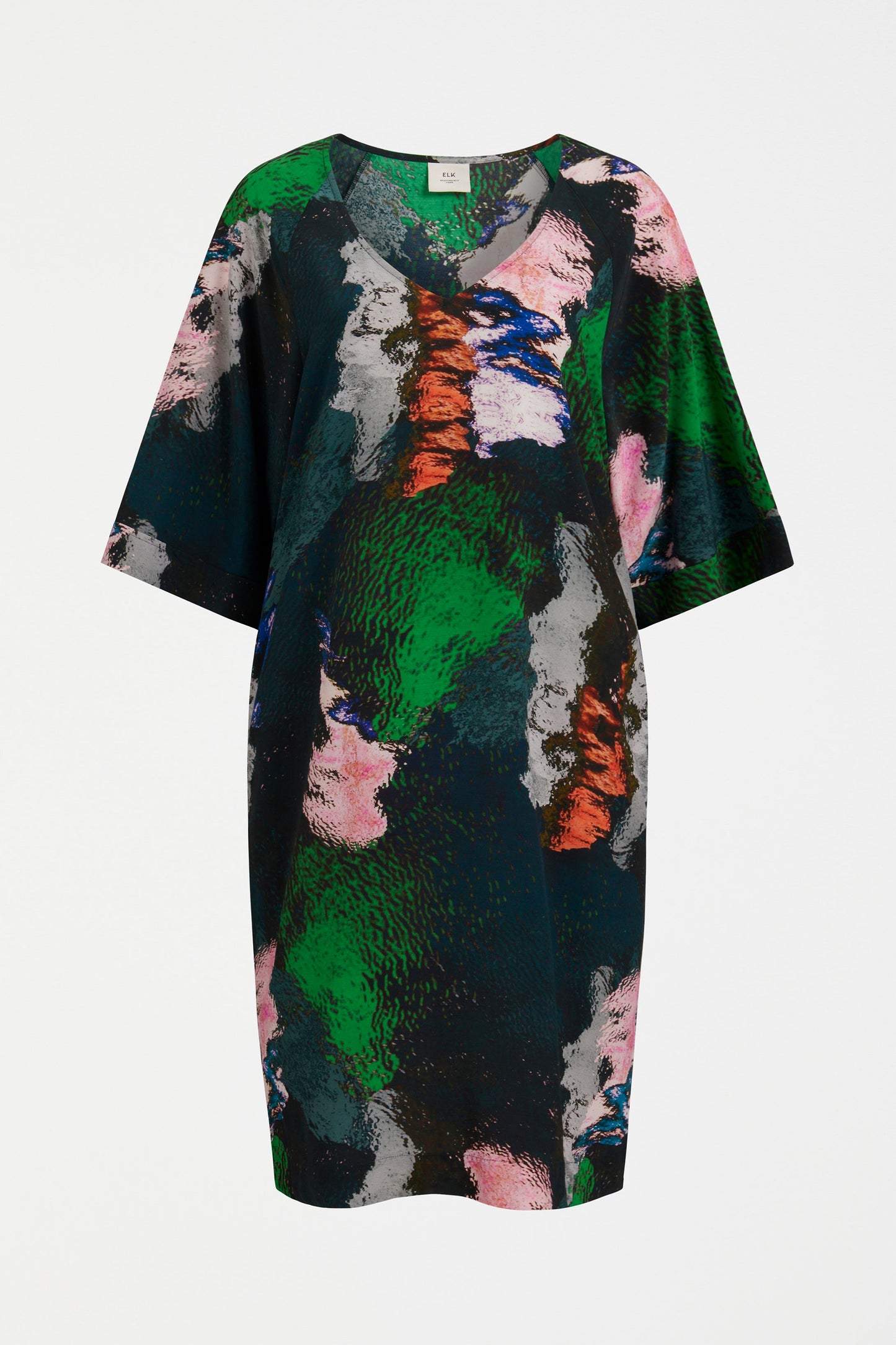 Foljer V-Neck Silky Print Below the Elbow Sleeve Dress Front| REFLECTIONS PRINT 