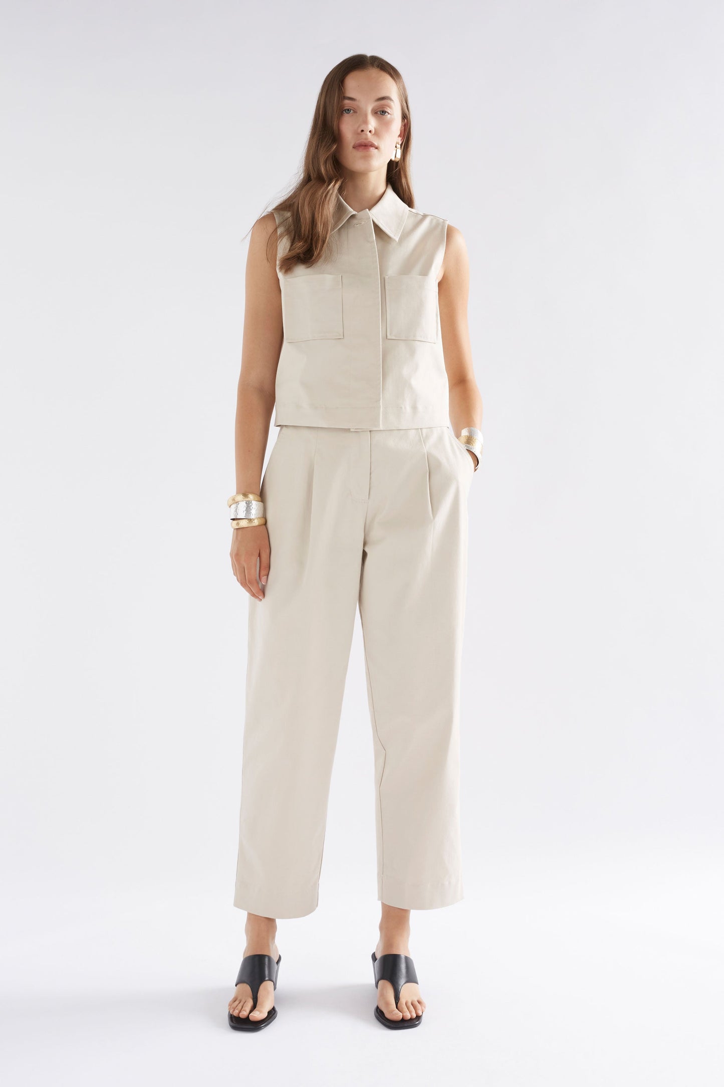 Noorden Twill Collared Button Up Sleeveless Vest Model Front Full Body | MOONSTONE