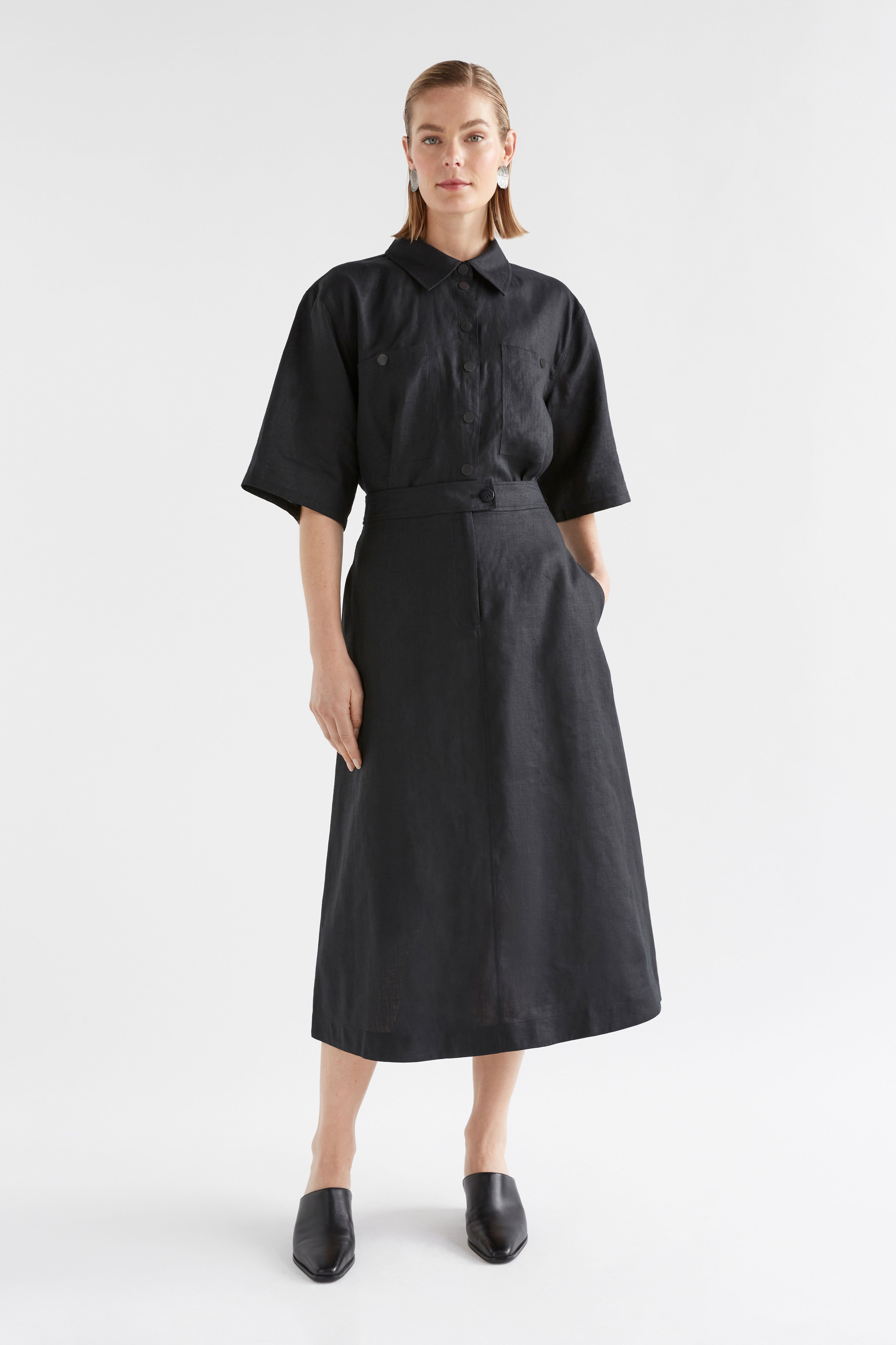 Nayte Midi A-line Linen Skirt Model Front | BLACK