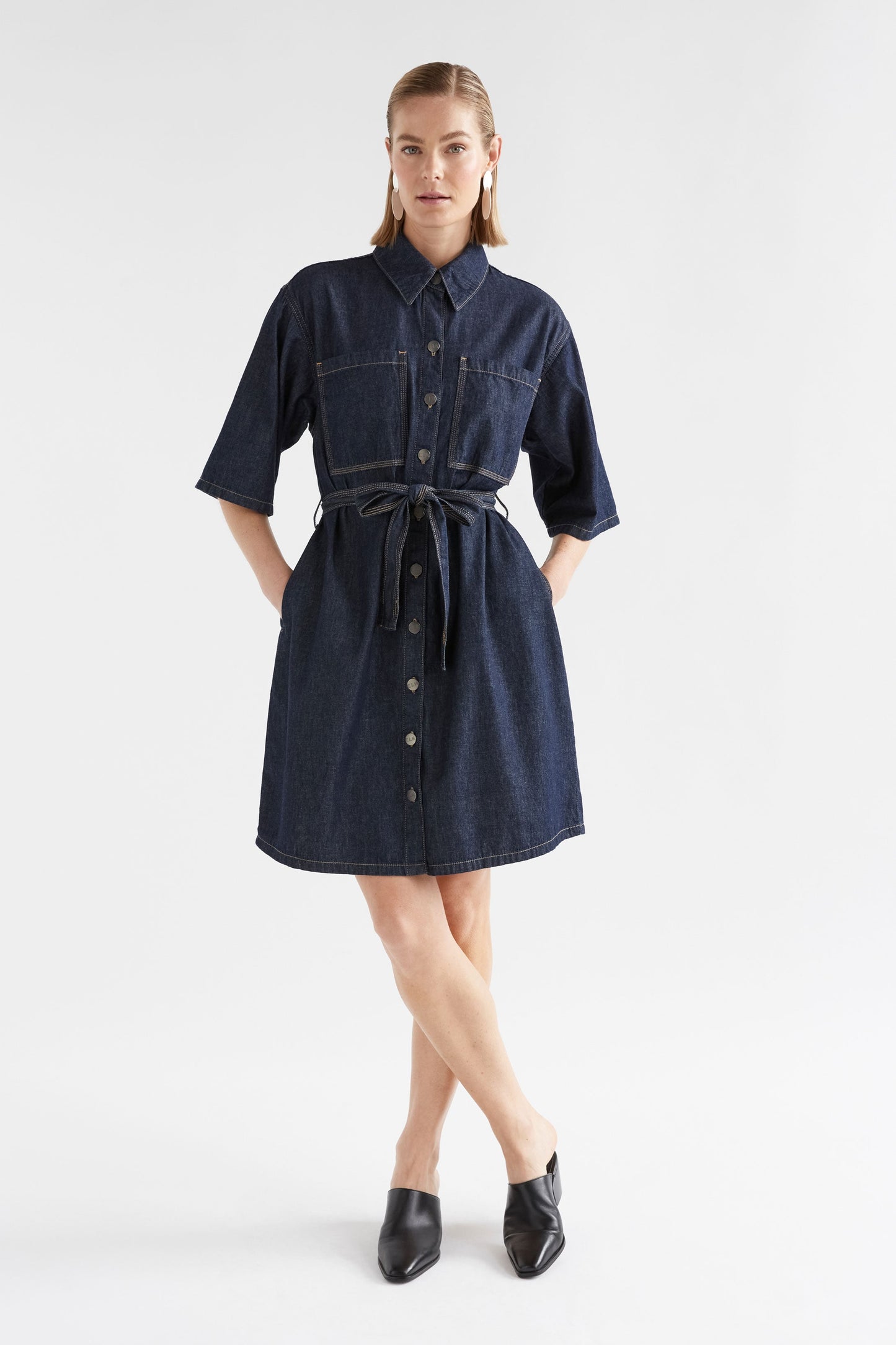 Denym Pocket Shirt Dress Model Front | AUTHENTIC BLUE WASH