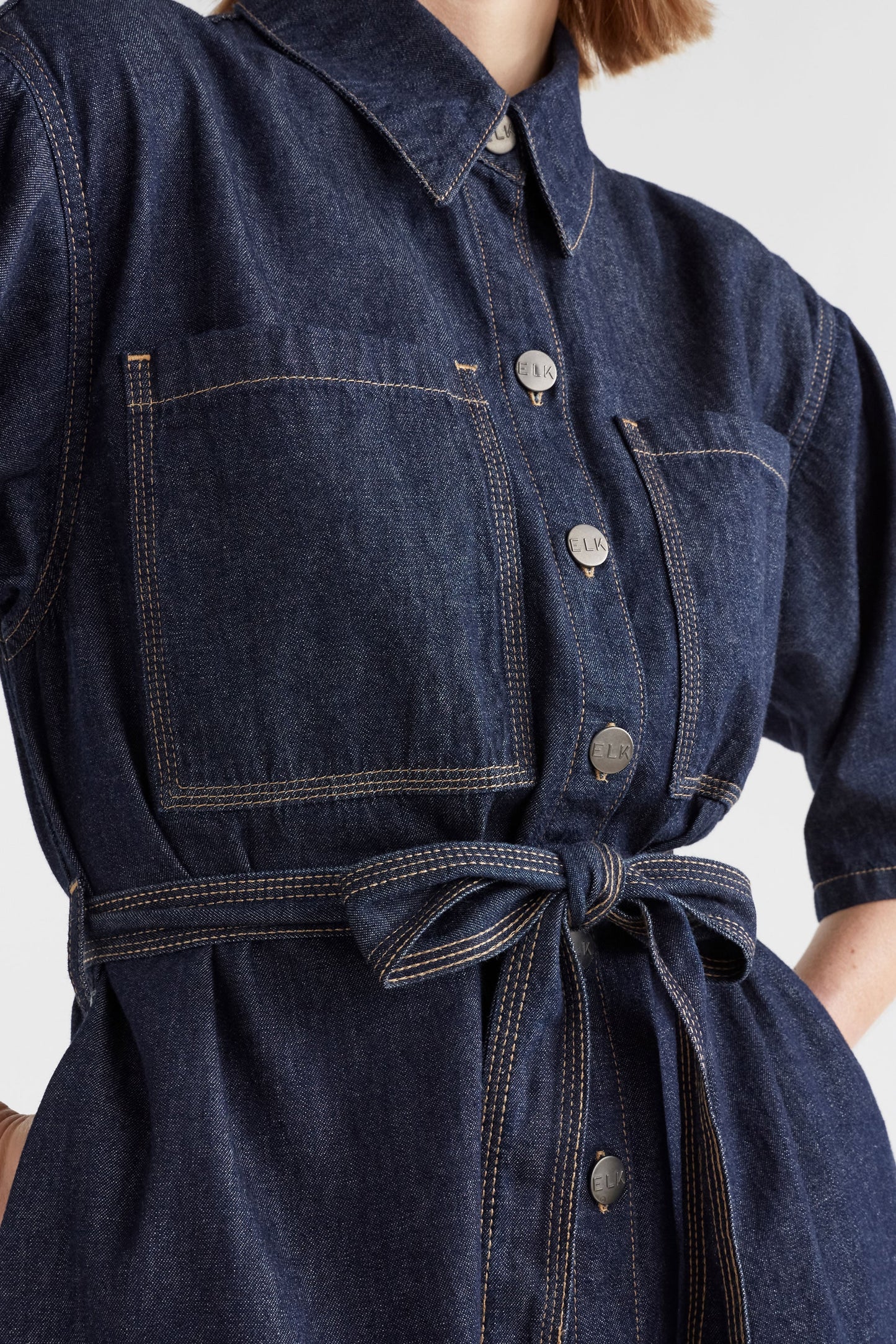 Denym Pocket Shirt Dress Model Front Detail | AUTHENTIC BLUE WASH