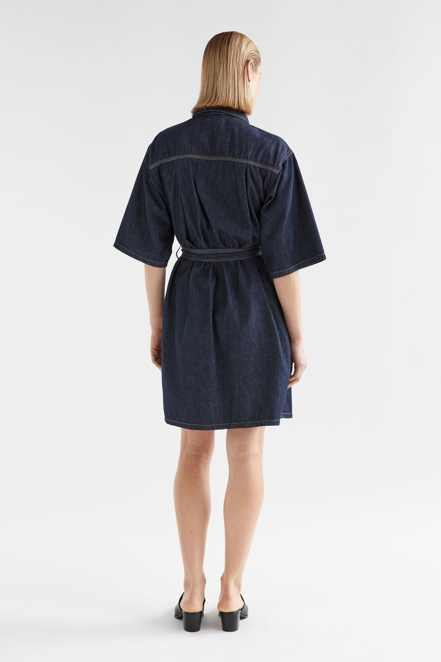 Denym Pocket Shirt Dress Model Back | AUTHENTIC BLUE WASH