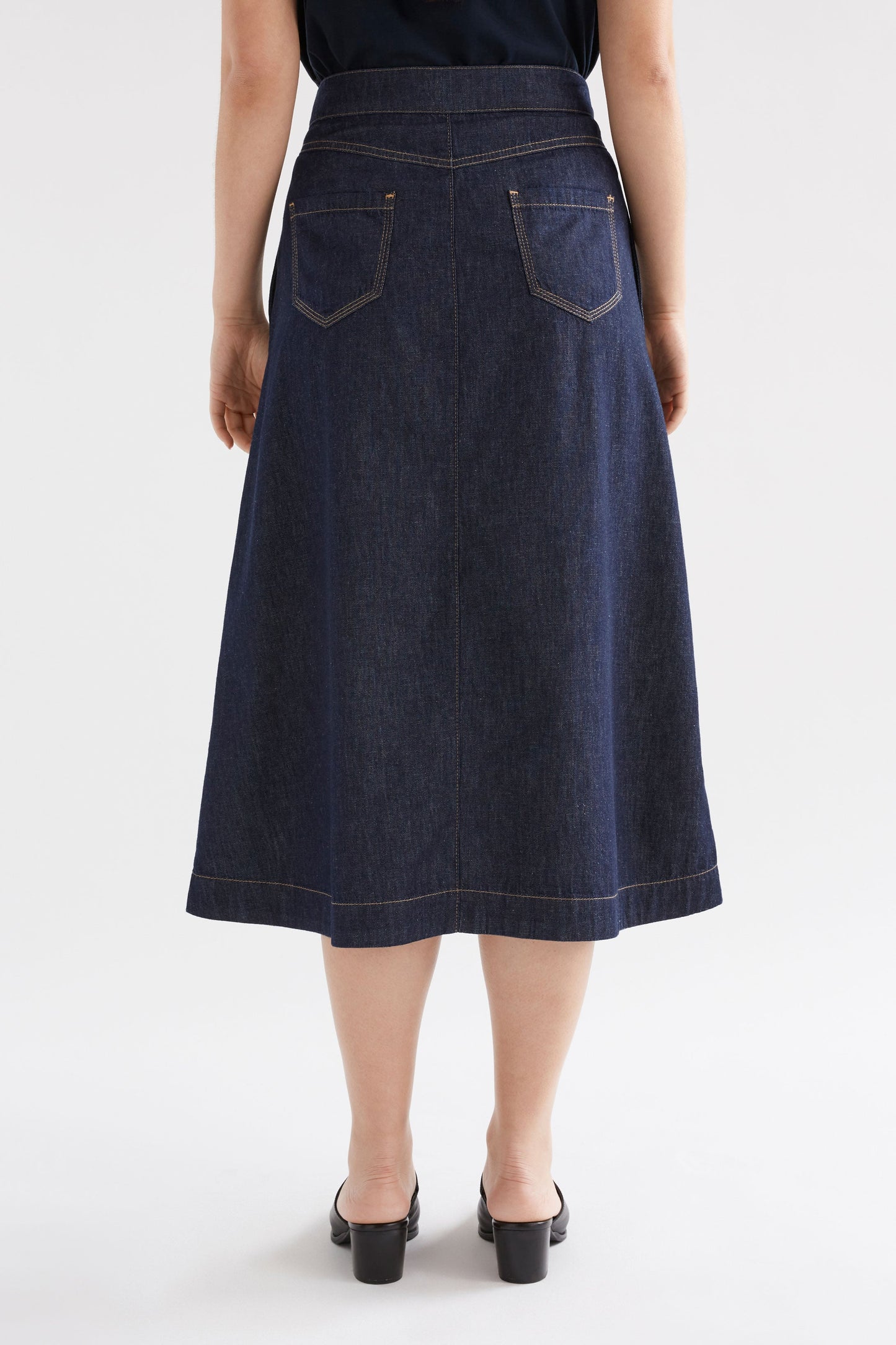 Denym A-line Midi Skirt Model Back | AUTHENTIC BLUE WASH