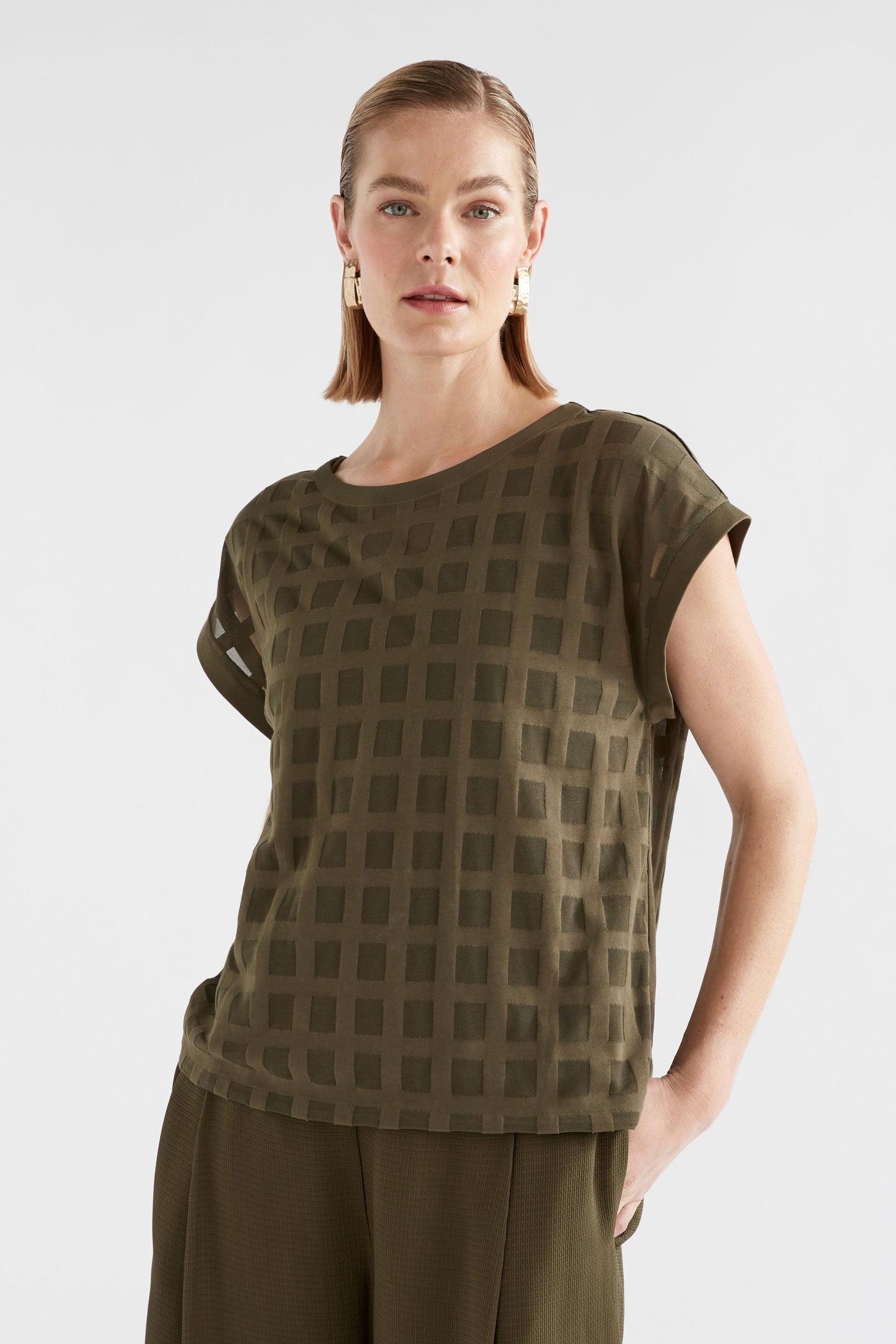 Grid Burnout Organic Cotton Blend Top Dress Model Front | OLIVE MOSS