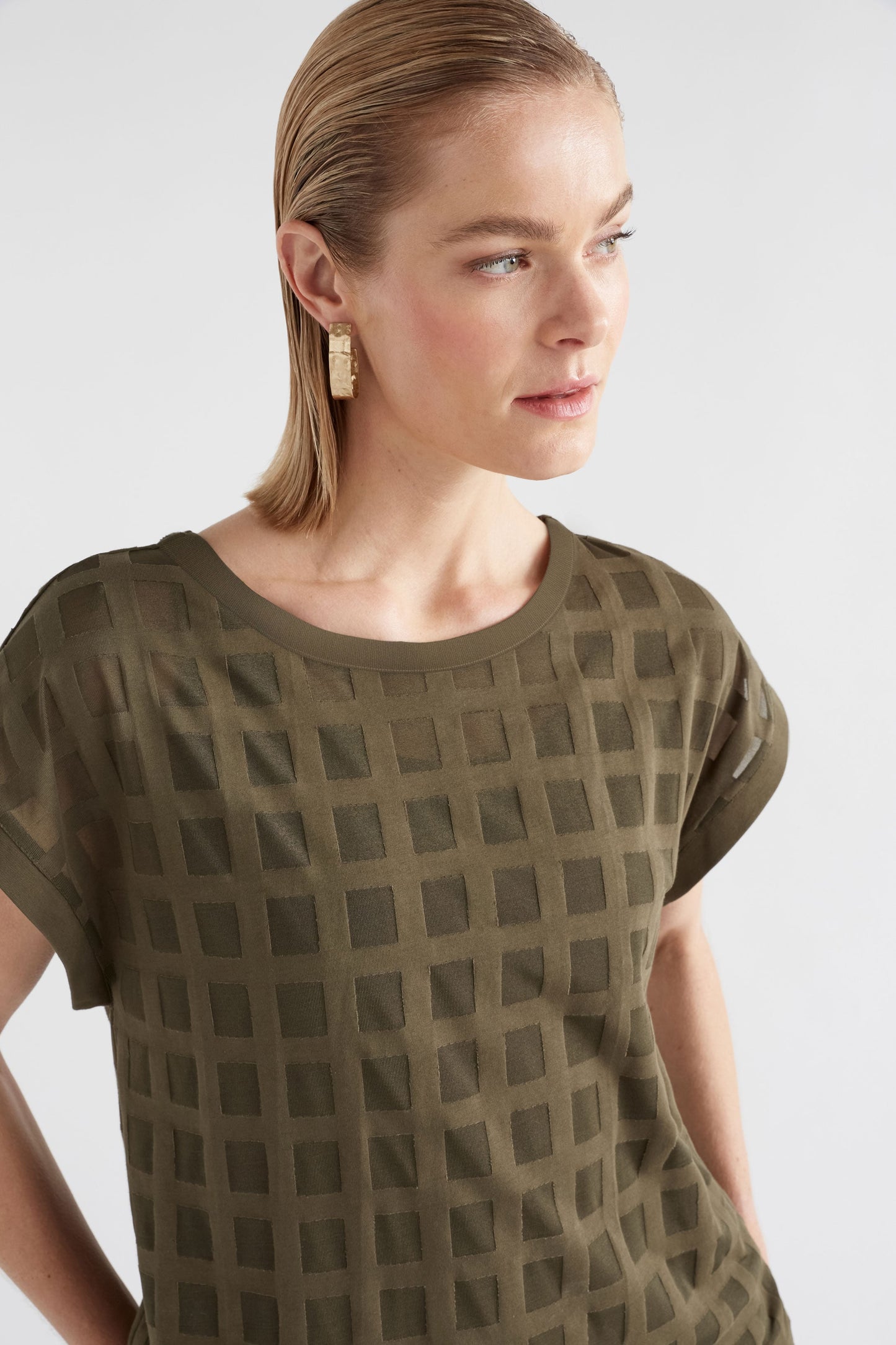 Grid Burnout Organic Cotton Blend Top Dress Model Front 2 | OLIVE MOSS