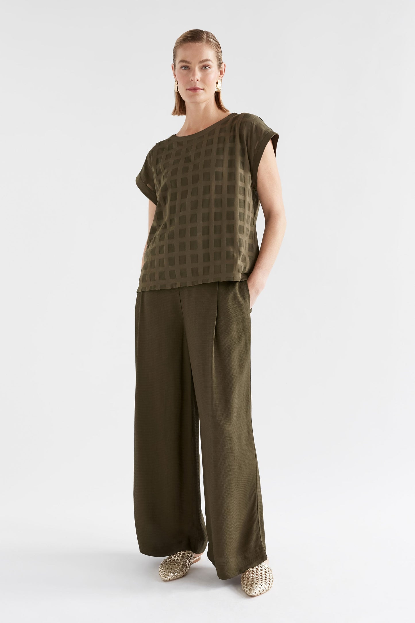 Grid Burnout Organic Cotton Blend Top Dress Model Front full Body | OLIVE MOSS