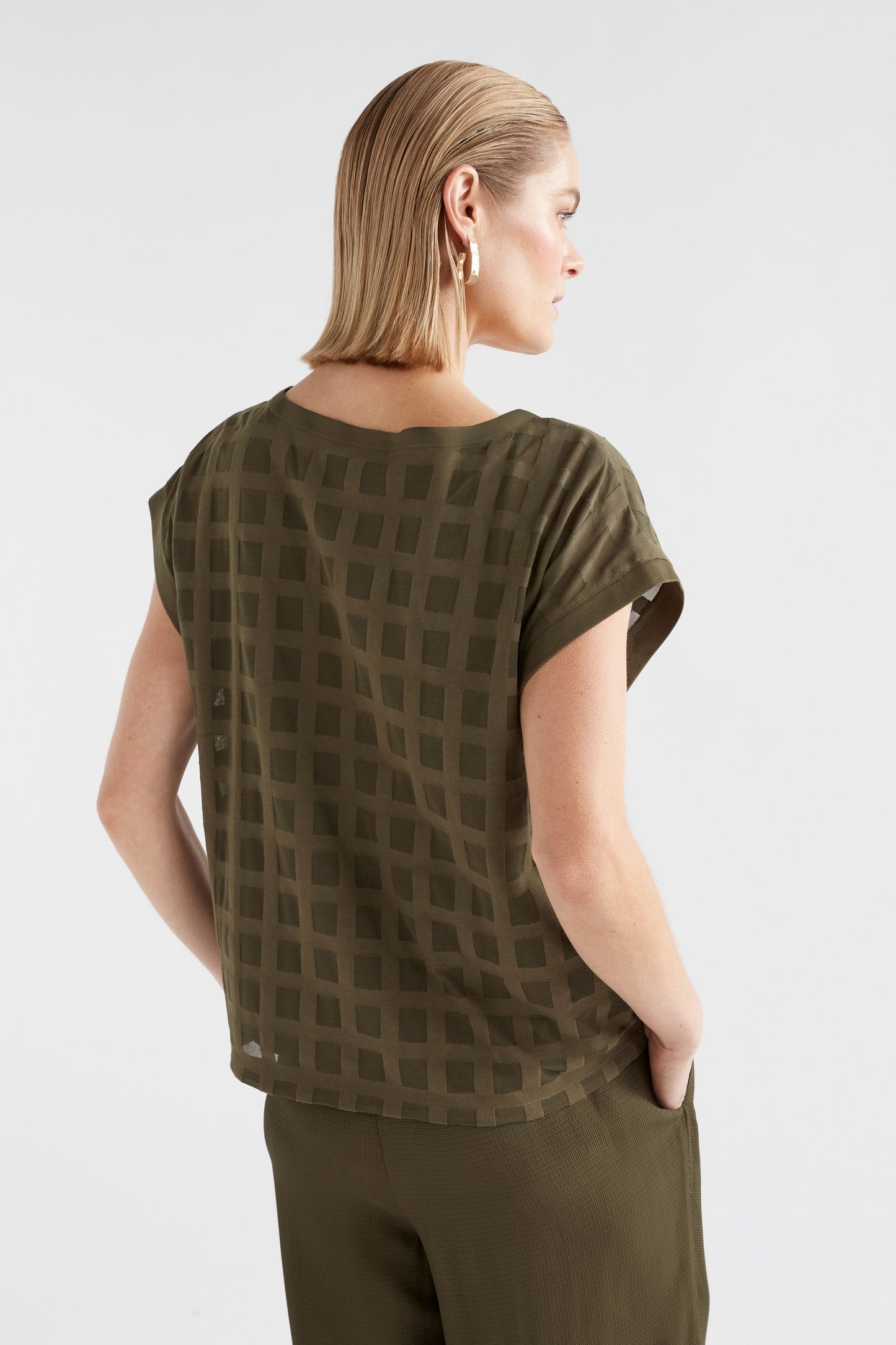 Grid Burnout Organic Cotton Blend Top Dress Model Back | OLIVE MOSS