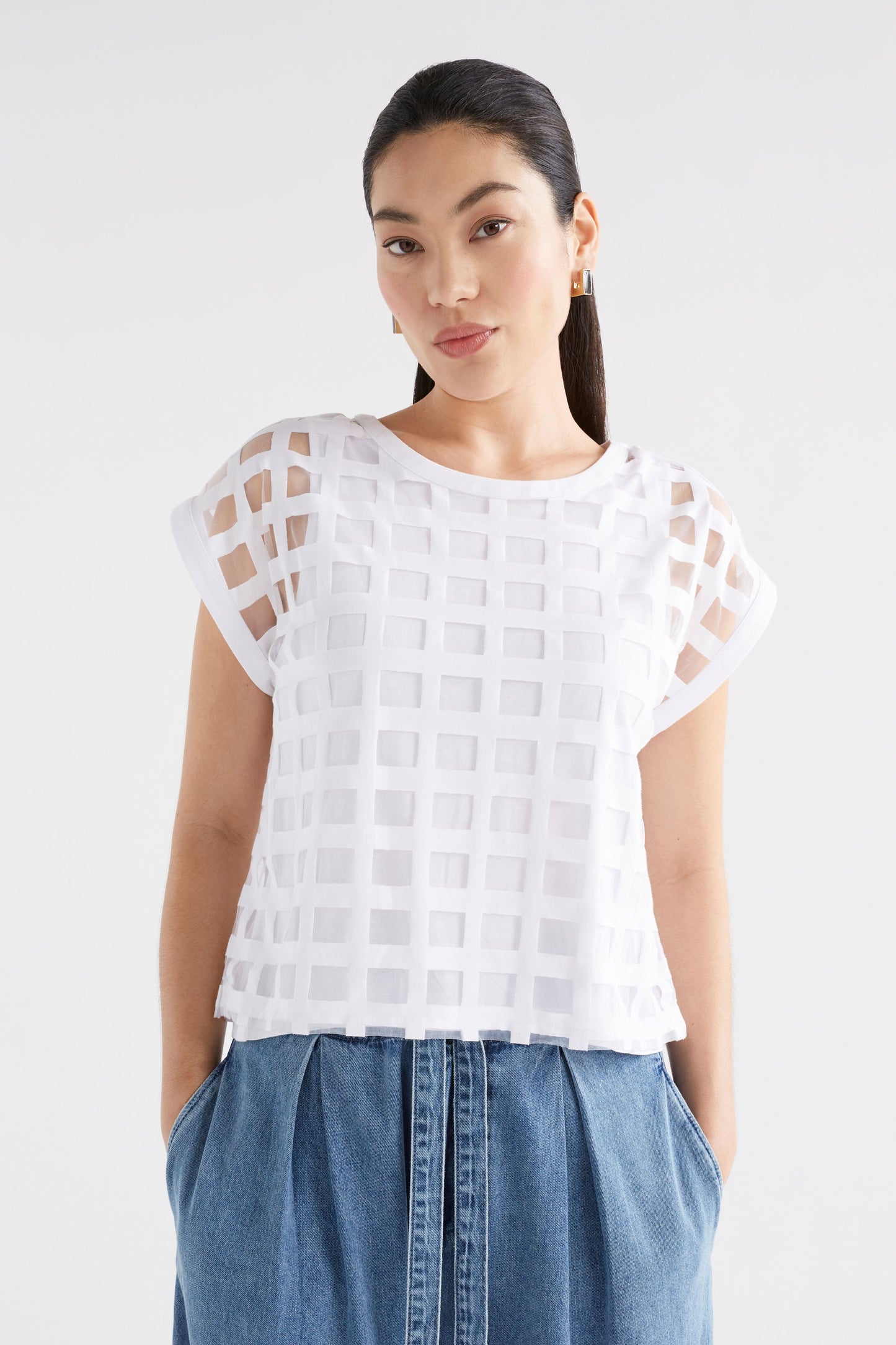 Grid Burnout Organic Cotton Blend Top Dress Model Front crop | WHITE