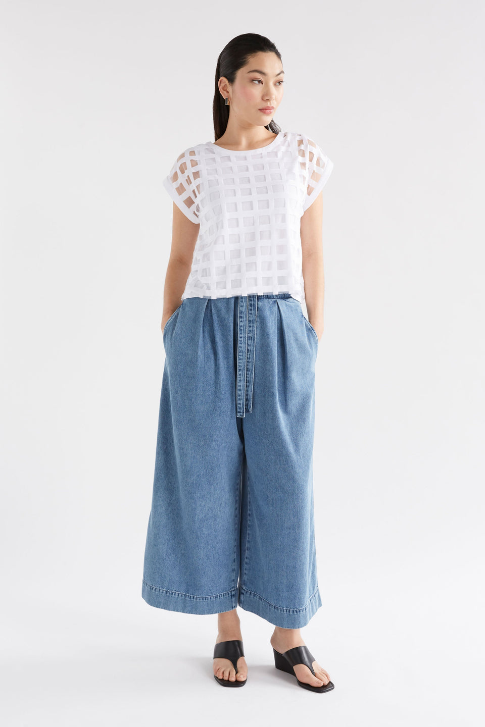 Grid Burnout Organic Cotton Blend Top Model Front | WHITE