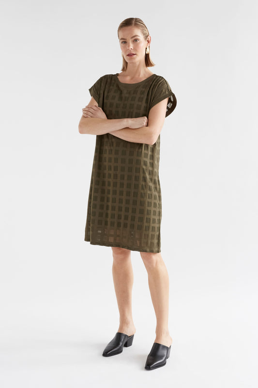 Grid Burnout Organic Cotton Blend Tshirt Dress Model Front | OLIVE MOSS 