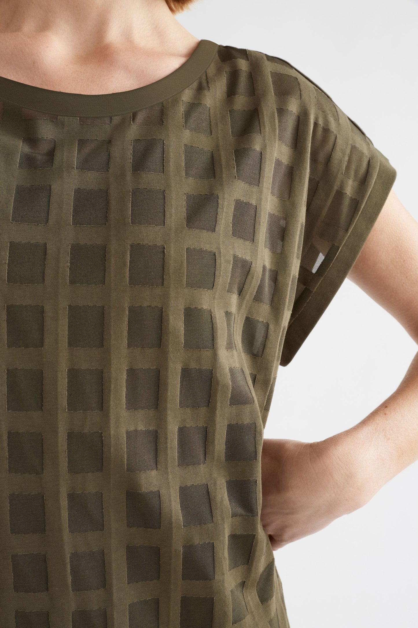 Grid Burnout Organic Cotton Blend Tshirt Dress Model Front detail | OLIVE MOSS 