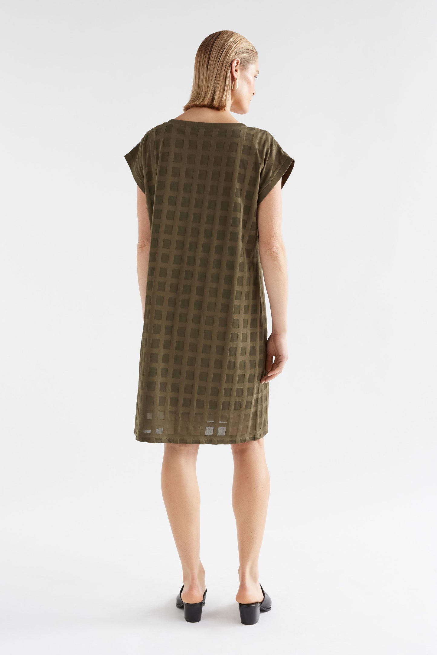 Grid Burnout Organic Cotton Blend Tshirt Dress Model Back | OLIVE MOSS 