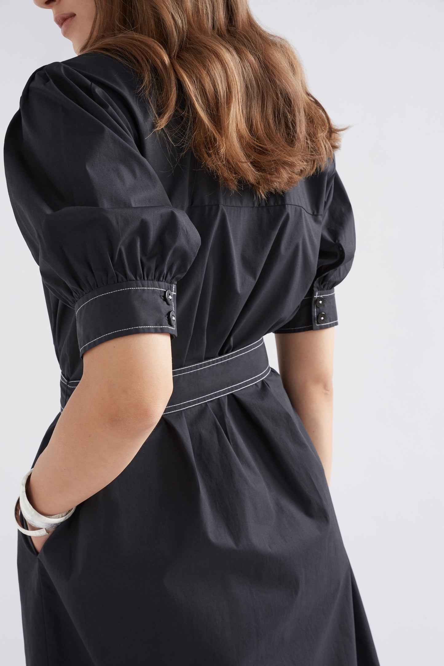 Takt Australian Cotton Midi Short Puff Sleeve Shirt Dress with Top Stitch Detail Model Back Detail  | BLACK