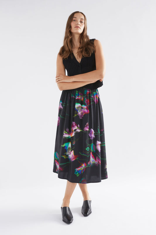 Finna Gathered Silky Print Midi Skirt Model Front | CALLA PRINT