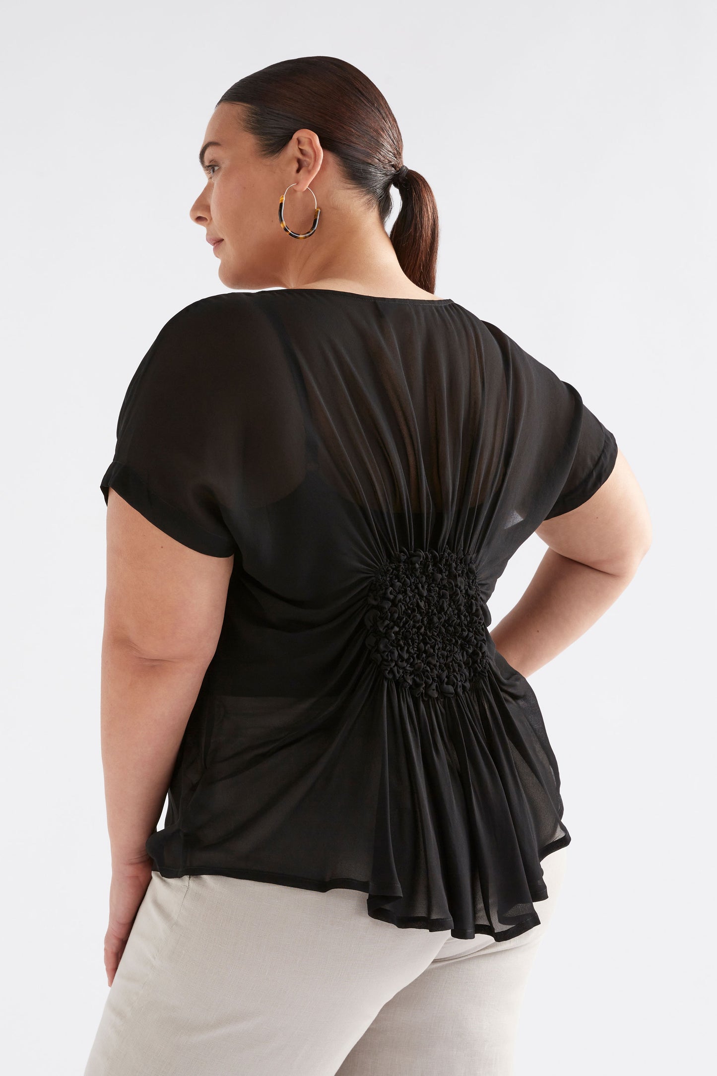 Sheer Back Gathered Detail Round Neck Chiffon Top Model Back Curve | BLACK