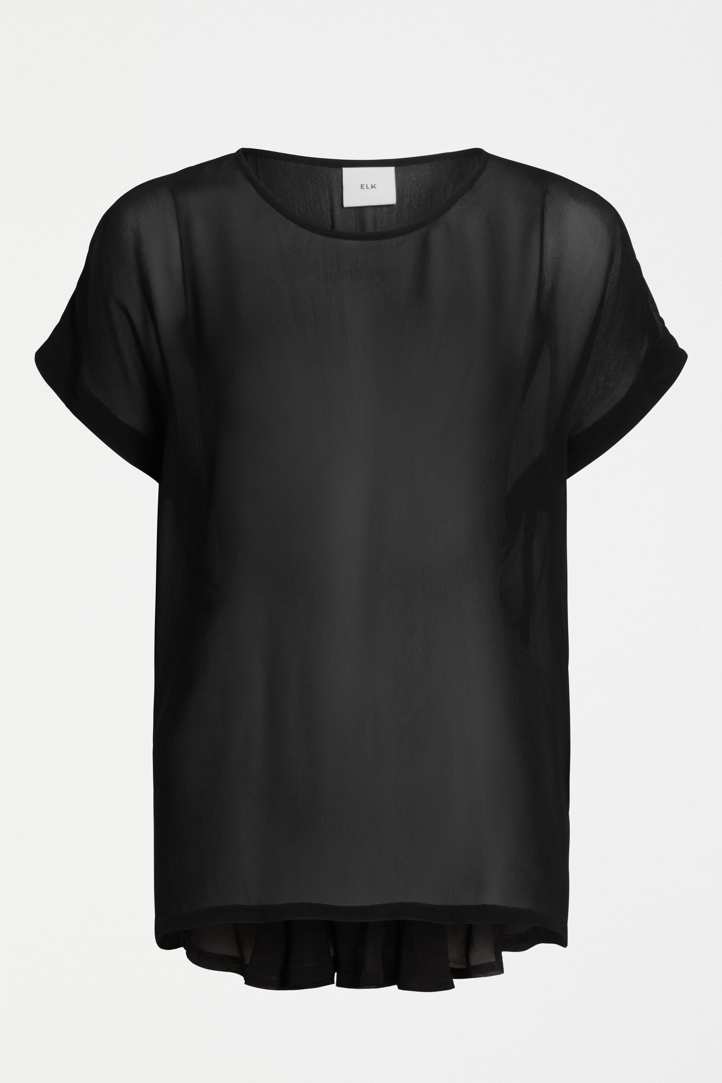 Sheer  Back Gathered Detail Round Neck Chiffon Top Front | BLACK