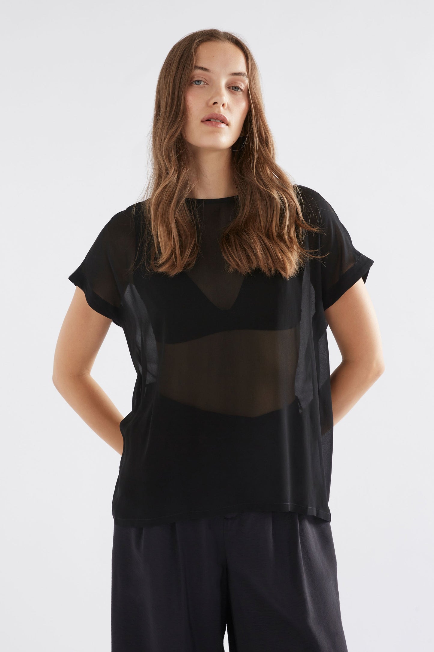 Sheer Back Gathered Detail Round Neck Chiffon Top Model Front | BLACK