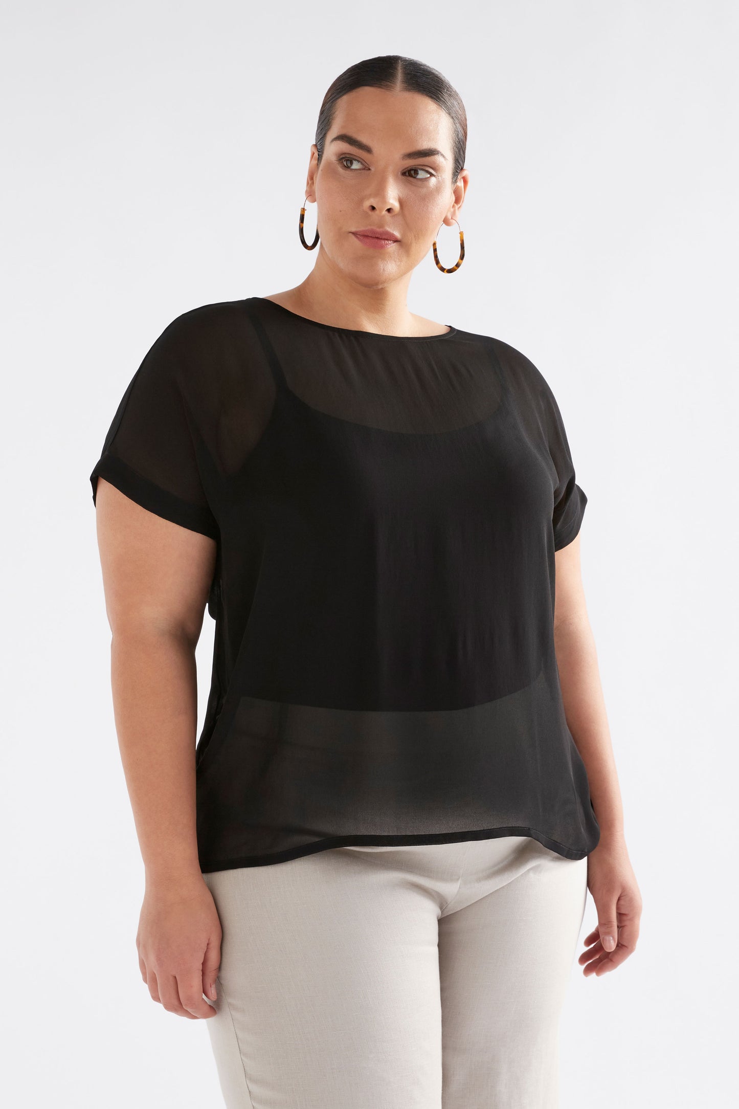 Sheer Back Gathered Detail Round Neck Chiffon Top Model Front Curve | BLACK