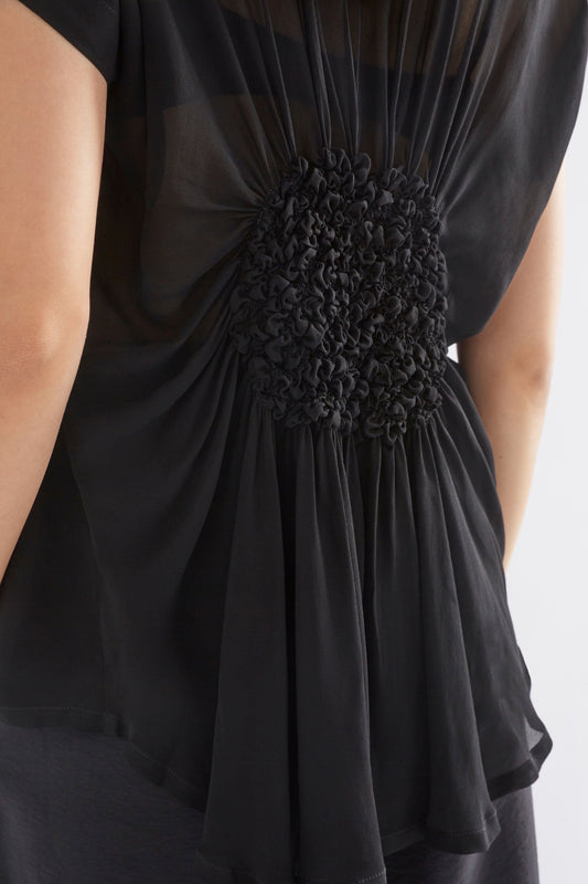 Sheer  Back Gathered Detail Round Neck Chiffon Top Model Back Detail 
| BLACK