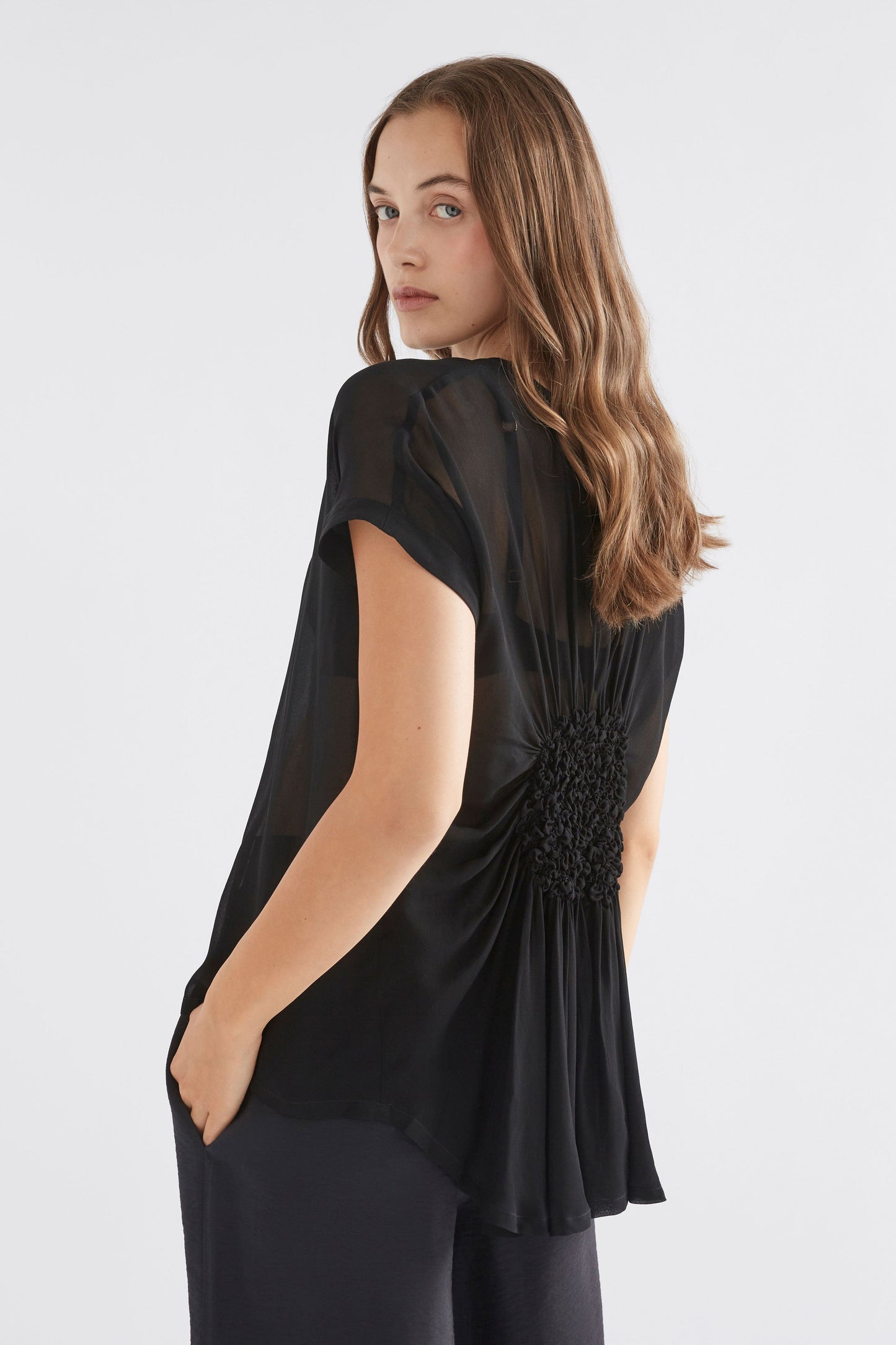 Sheer  Back Gathered Detail Round Neck Chiffon Top Model Back | BLACK