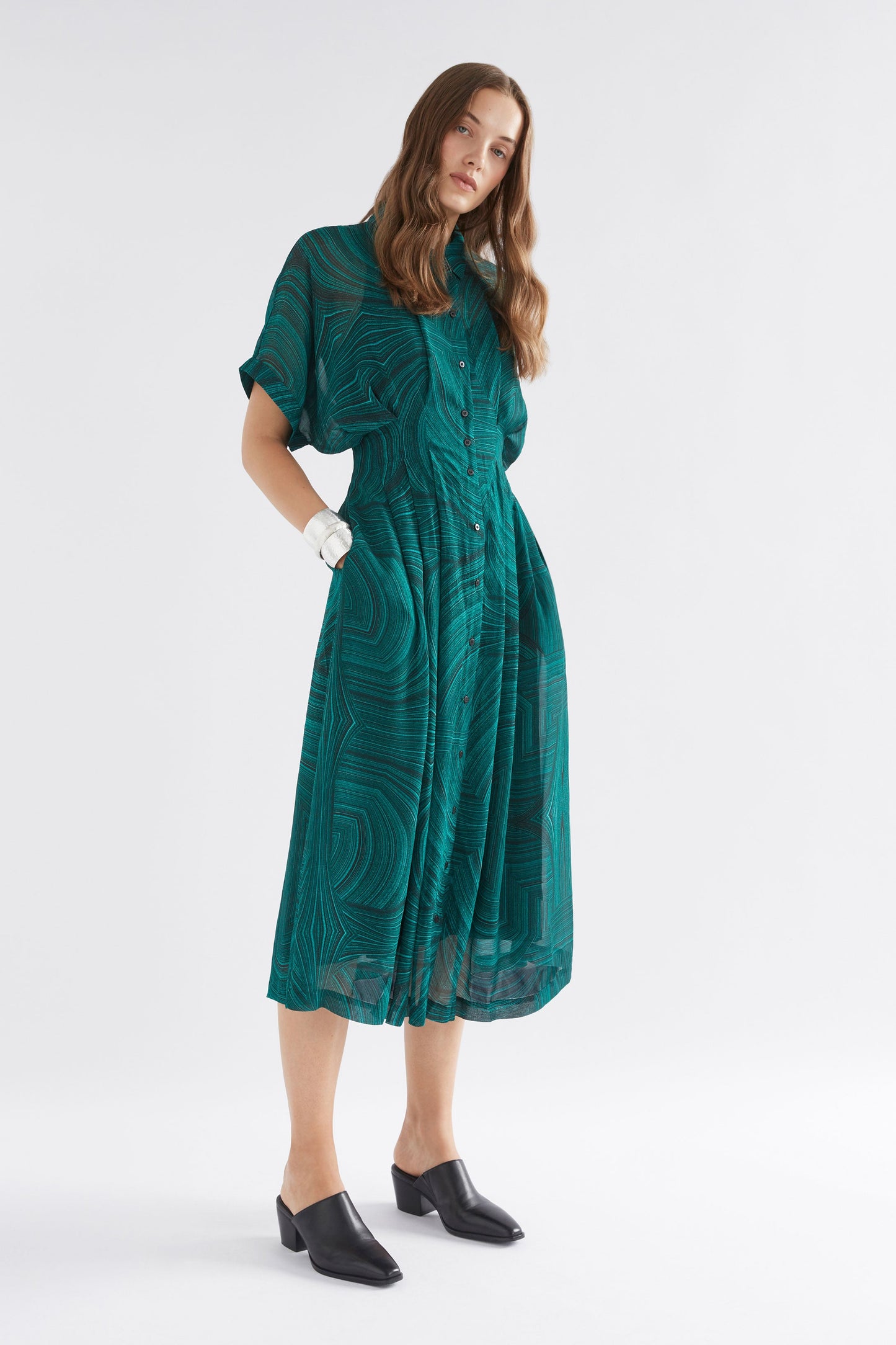 Krava Sheer Short Sleeve Midi Print Shirt Dress Model Side | MALACHITE PRINT